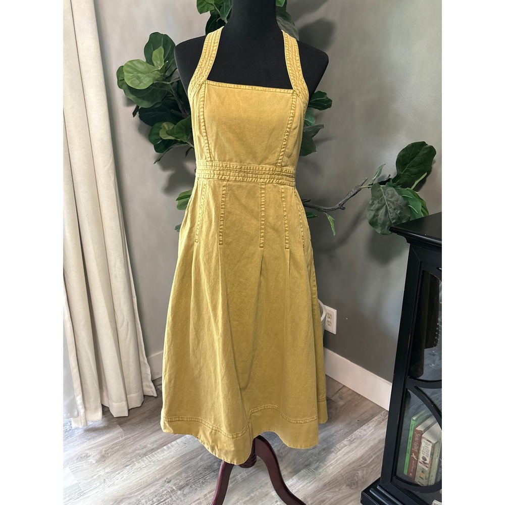 Pilcro Anthropologie Mustard Yellow Denim Cross Back Midi Dress Pockets Size 8
